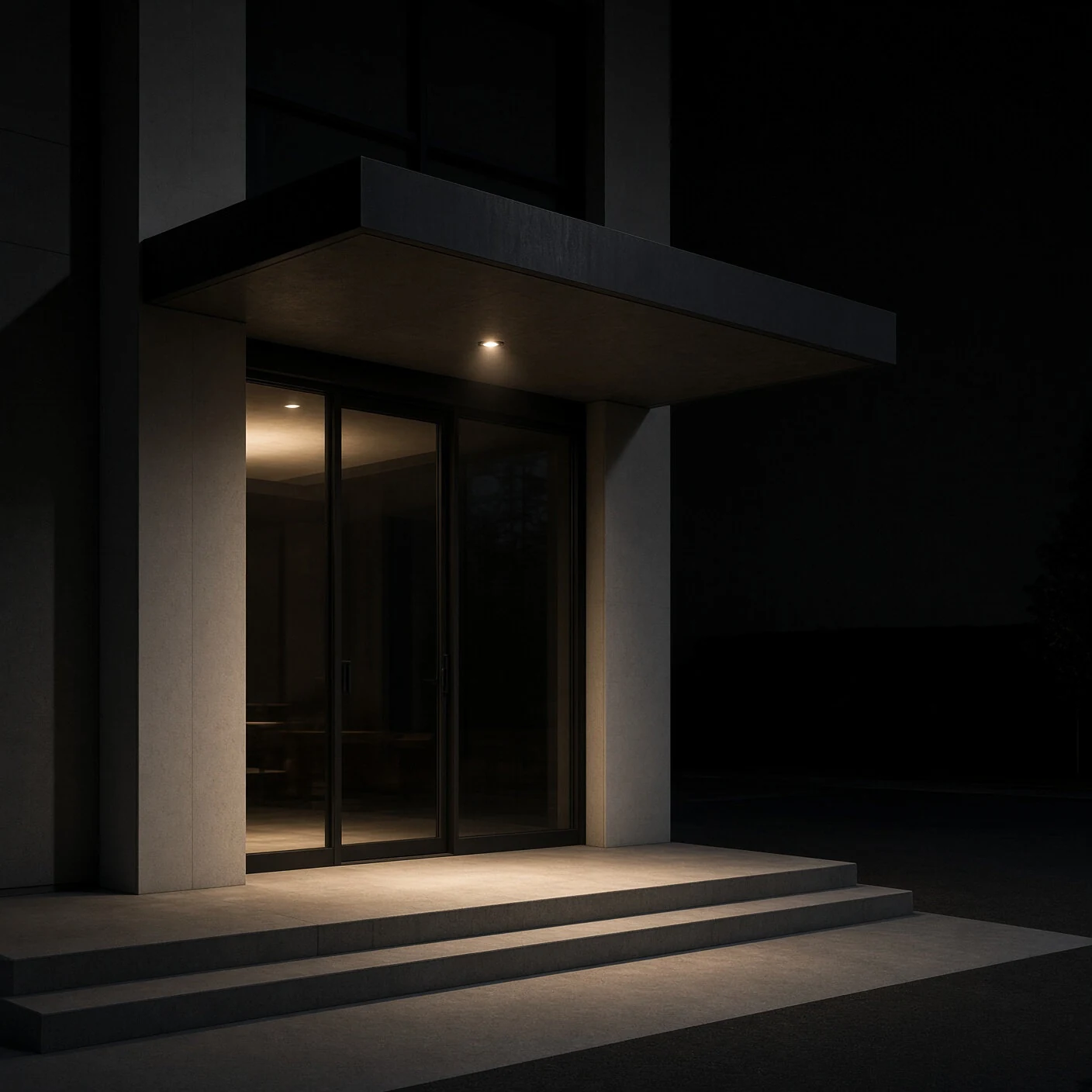 An illuminated entrance set into a quiet stone facade.